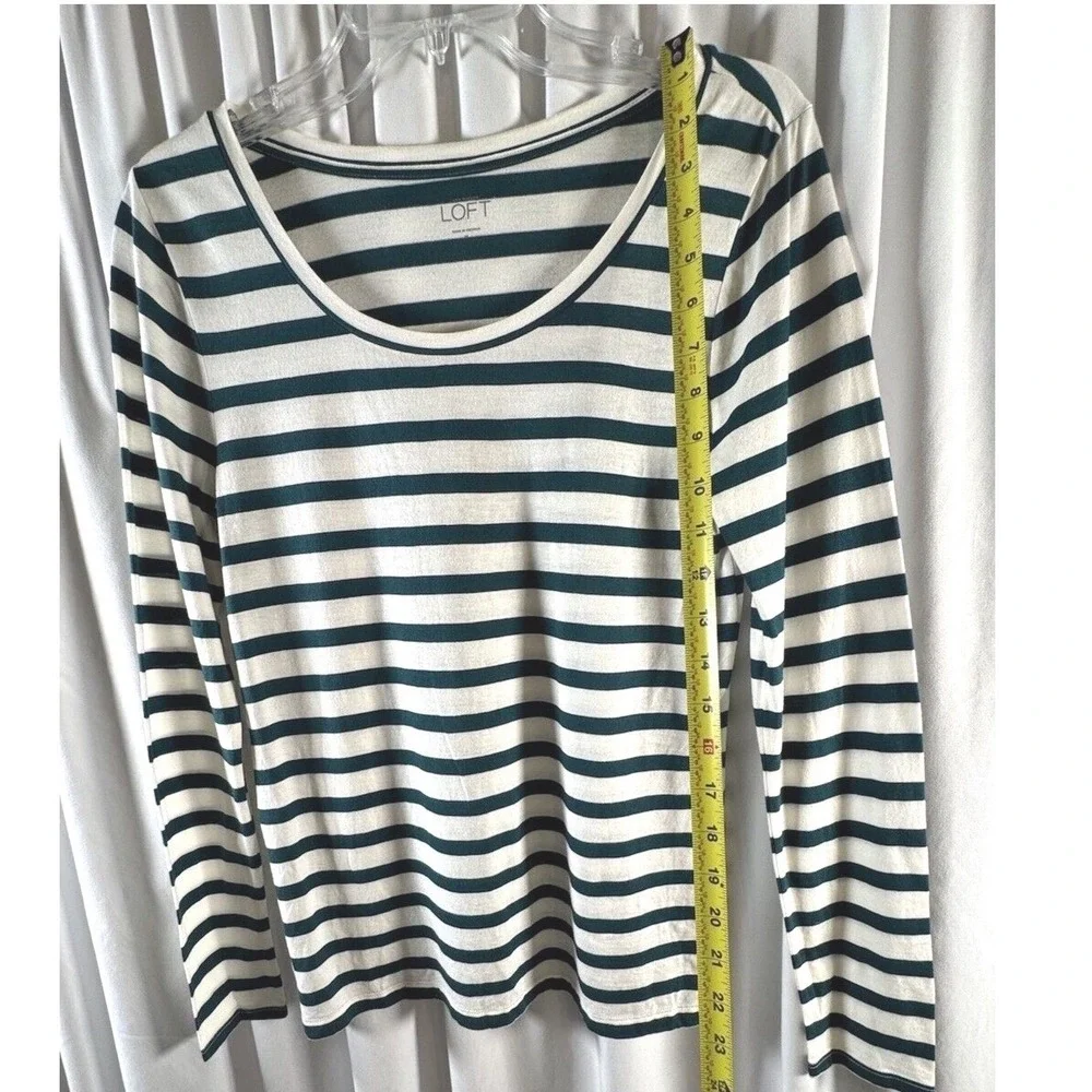 Ann Taylor LOFT Womens Green White Striped Scoop‎ Neck Long Sleeve Top Size M